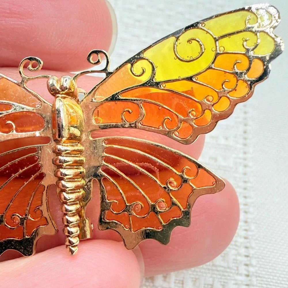 Vintage 70s Avon Orange Yellow Butterfly Wings w/ Stained Glass Effect Brooch